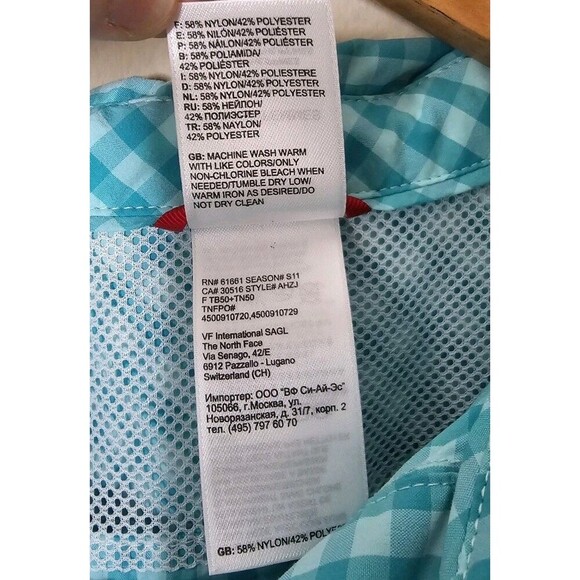 The North Face Teal Check Pattern Vapor Wick Short Sleeve Blouse Women's Large - Picture 5 of 5